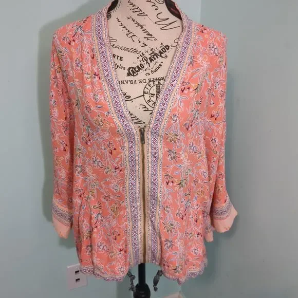 Free People Women's Size XS/S Floral Zip Jacket Kimono Sleeve Coral /Pink - Picture 1 of 4